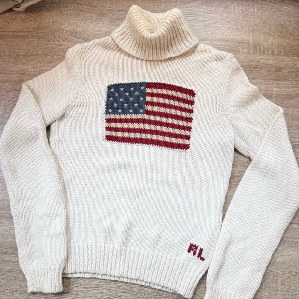Vintage Ralph Lauren Sport American Flag Turtleneck Sweater Cream Hong Kong - Picture 4 of 6